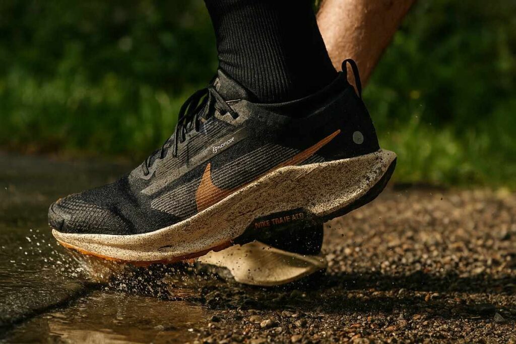 Hiker wearing Nike Pegasus Trail 5 GTX moving from wet road to gravel trail.