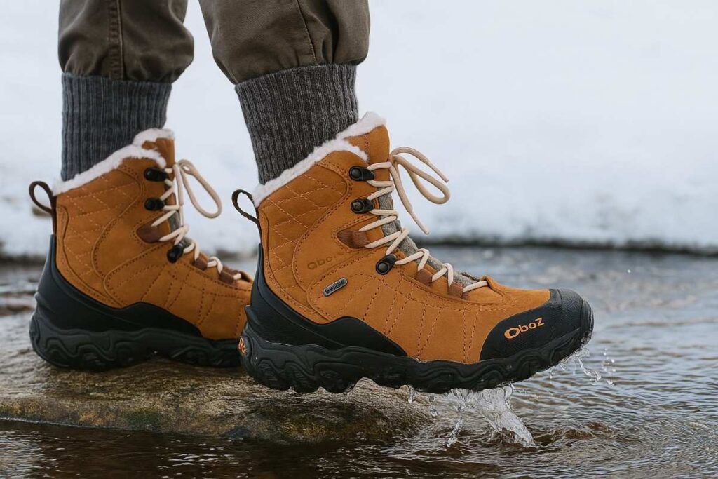 Hiker legs wearing Oboz Bridger 7” Insulated stepping on wet creek rock with settled snow on banks.