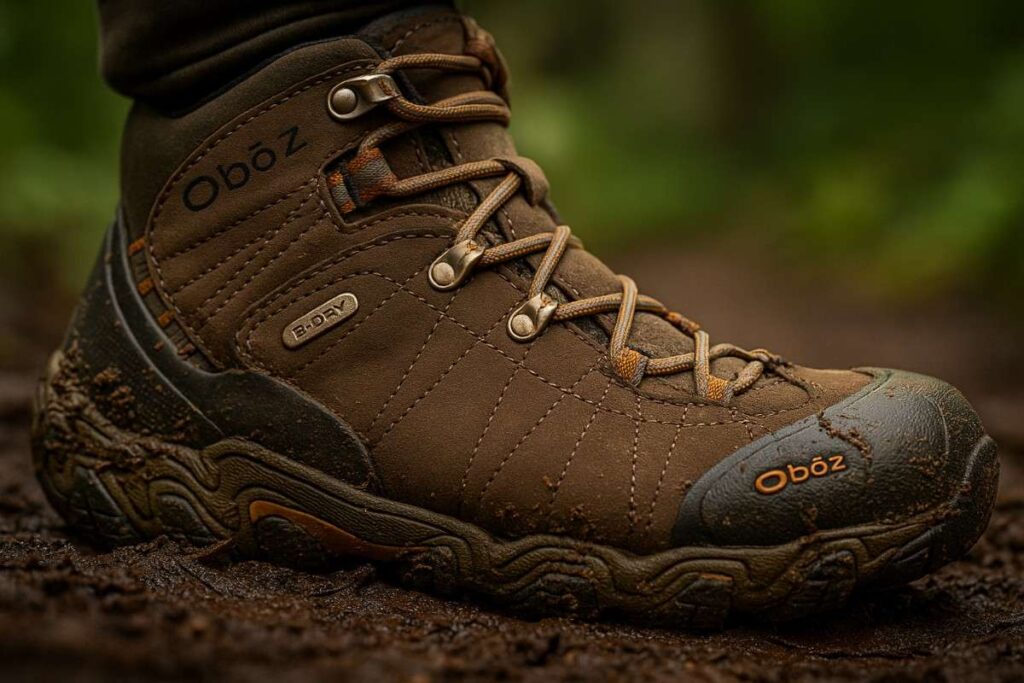Oboz Bridger Mid Waterproof displayed on muddy terrain.