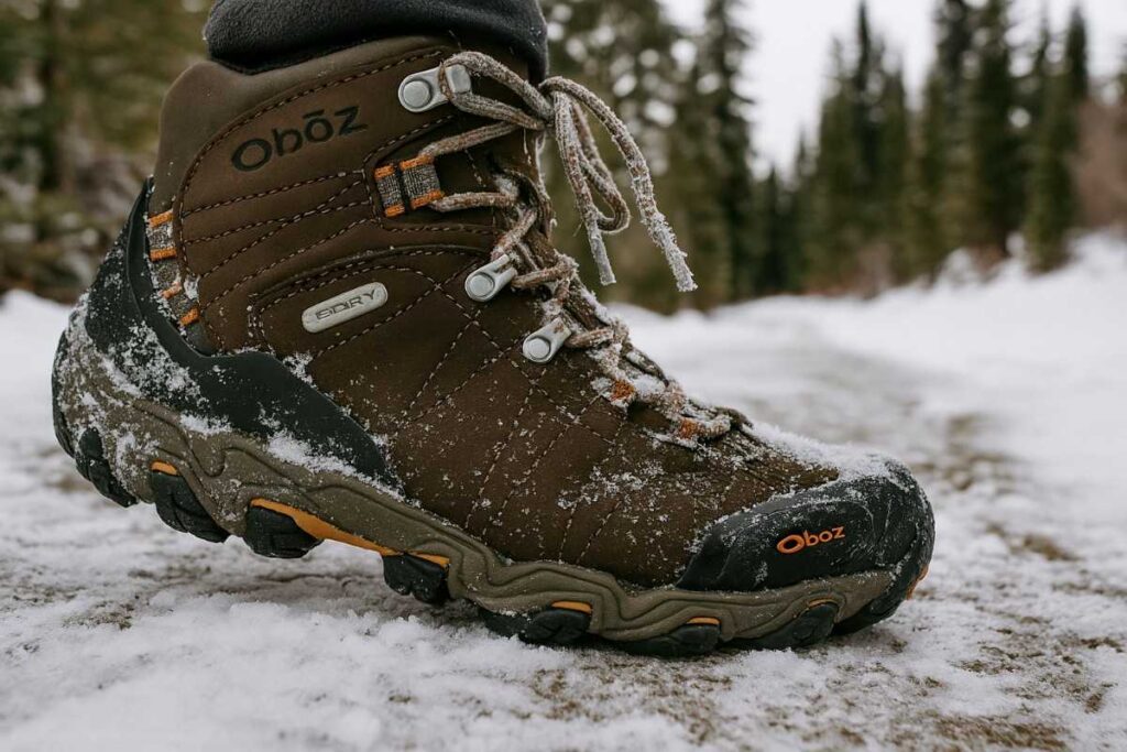 Oboz Bridger Mid Waterproof on snowy surface.