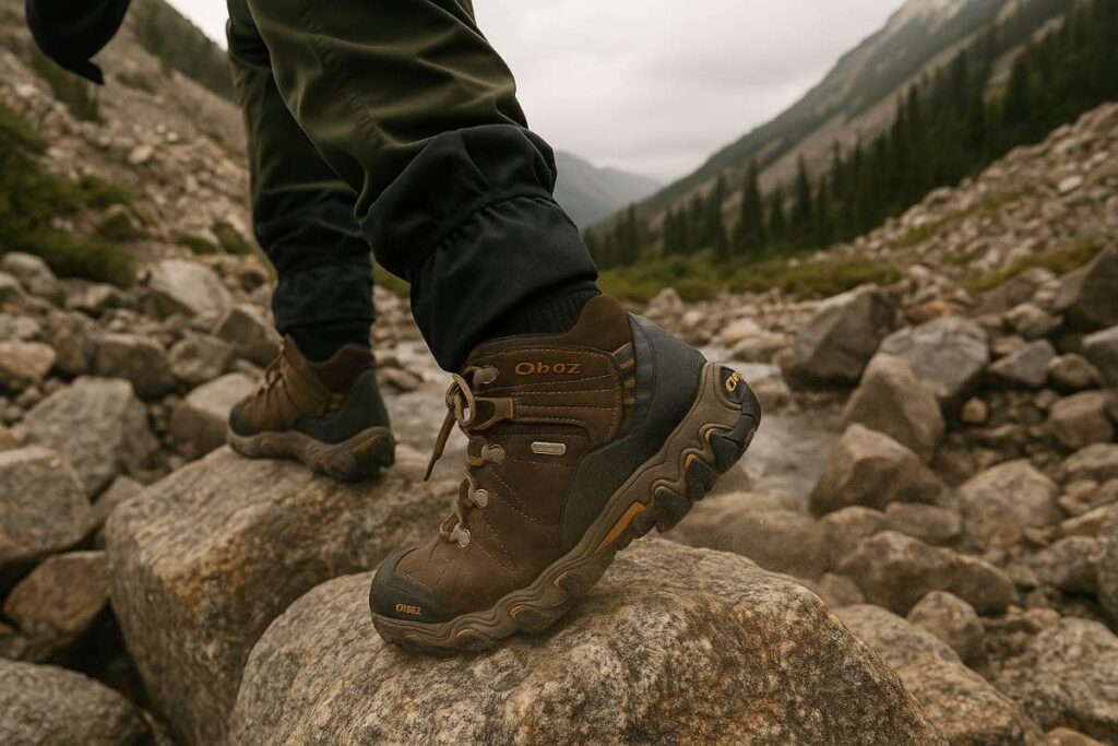 Hiker’s legs in Oboz Bridger Mid Waterproof ascending a scree slope with creek crossings.