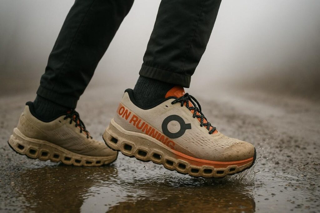 Hiker’s lower legs in On Cloudmonster 2 stepping through a puddle on a foggy Colorado service road.