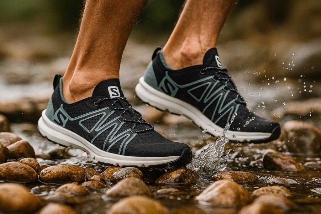 Hiker crossing creek in Salomon Crossamphibian Swift 2 water shoes.