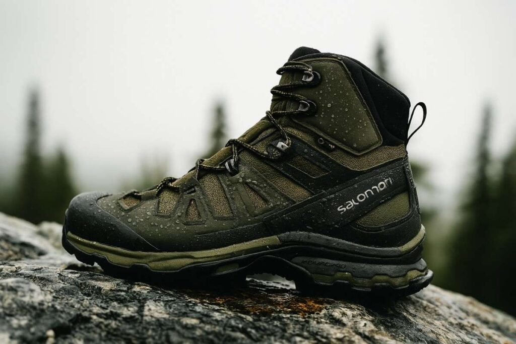Close up of Salomon Quest 4 GTX displayed on Alpine rocky surface.