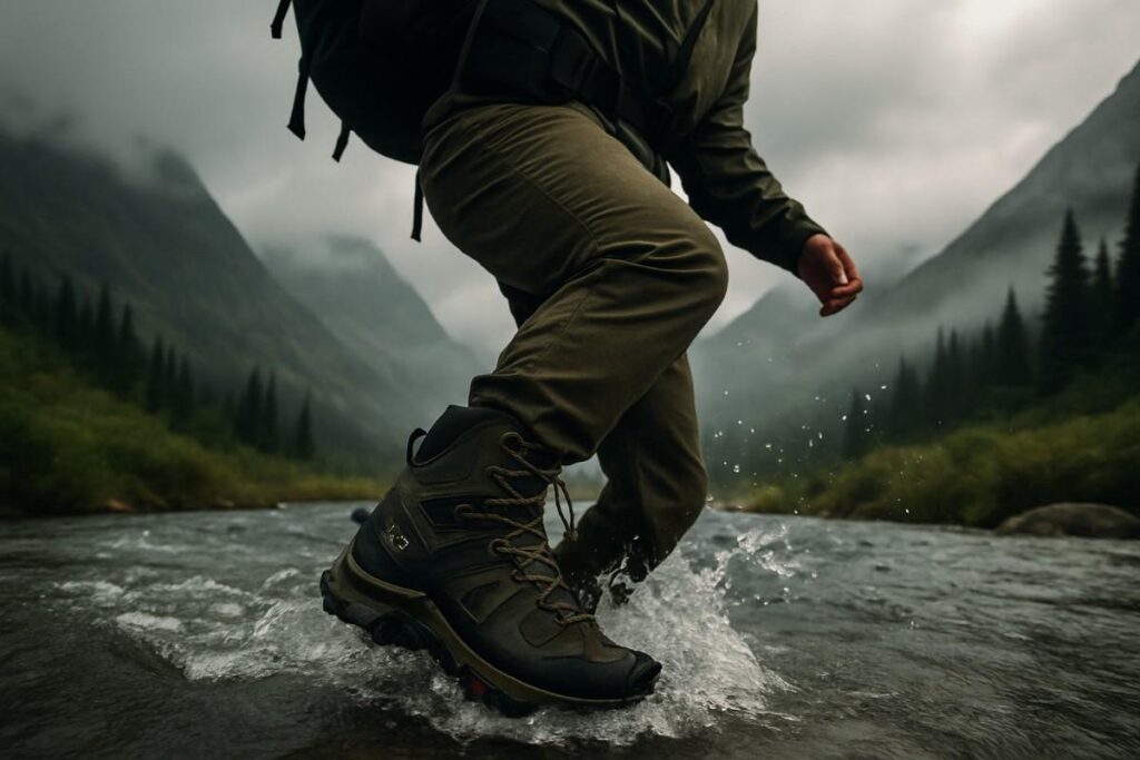 Hiker wearing Salomon Quest 4 and testing it in water stream to test waterproofing.