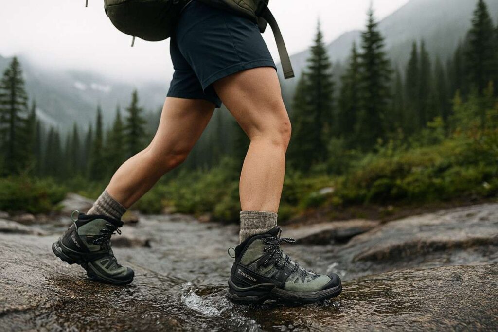 Hiker legs wearing Salomon Quest 4 GORE-TEX stepping across a shallow creek on wet granite.