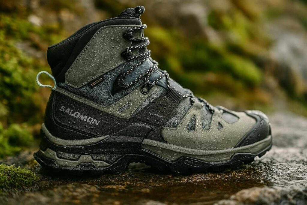Salomon Quest 4 GORE-TEX women’s boot close-up on wet granite with moss and water droplets.