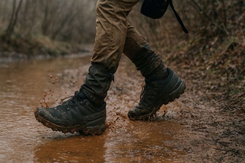 knees down shot of hiker walking through muddy surface while wearing Salomon Speedcore 6.