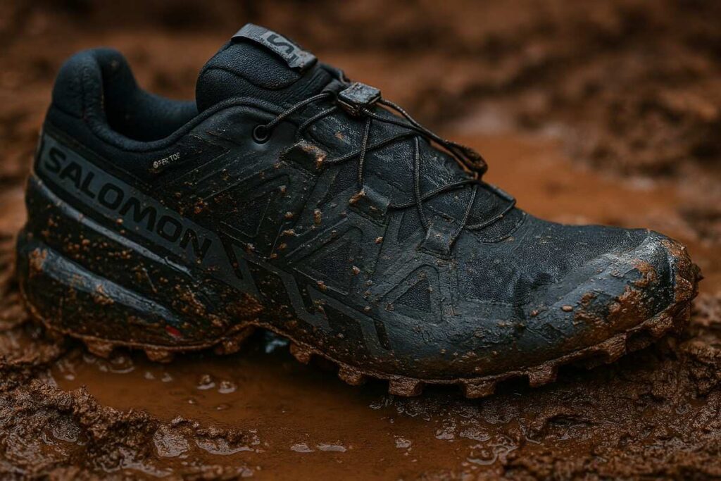 Salomon Speedcore 6 displayed on muddy surface with few mud splashed on the shoe.