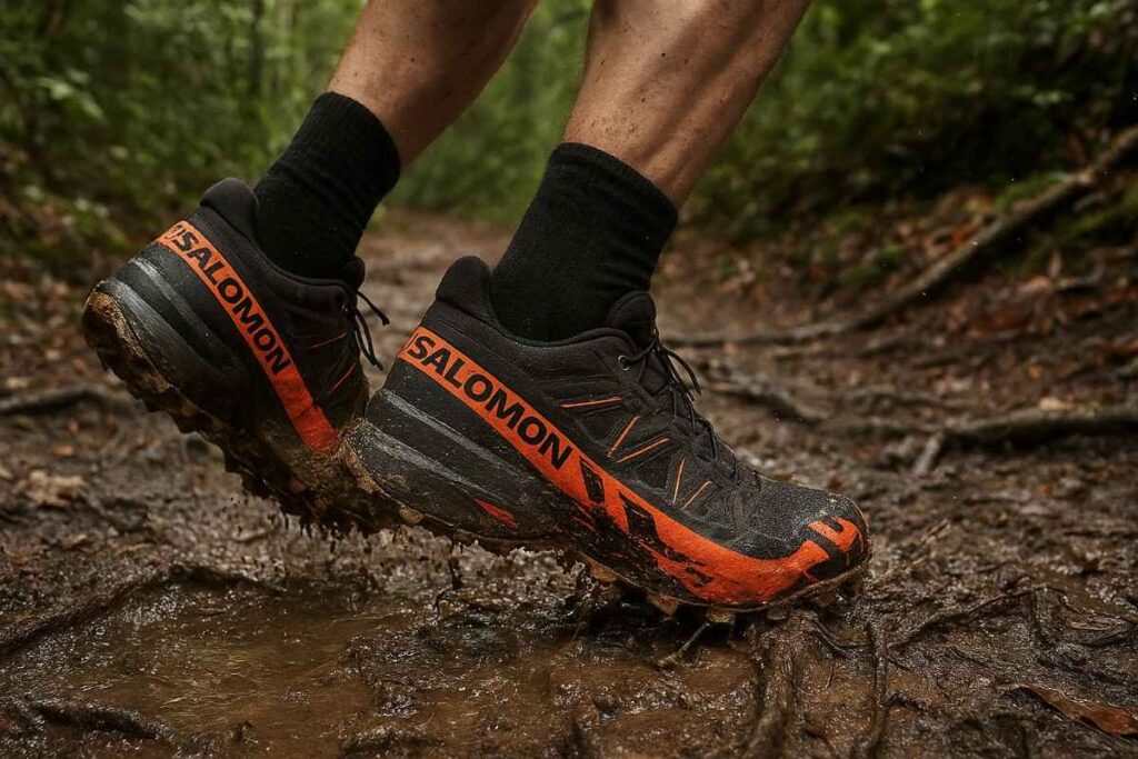 Runner wearing Salomon Speedcross 6 GTX on muddy woodland trail with puddles and roots.