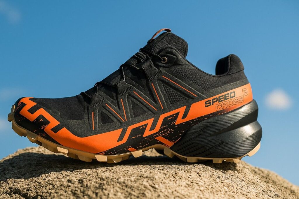 Salomon Speedcross 6 GTX displayed on a rock.