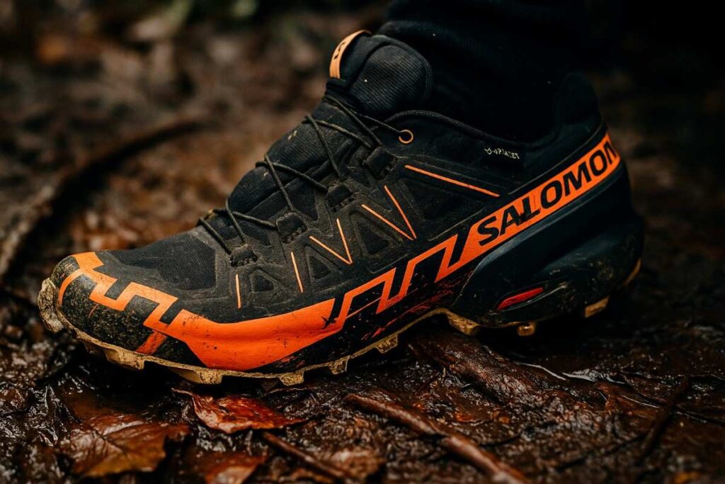Salomon Speedcross 6 GTX on muddy surface.