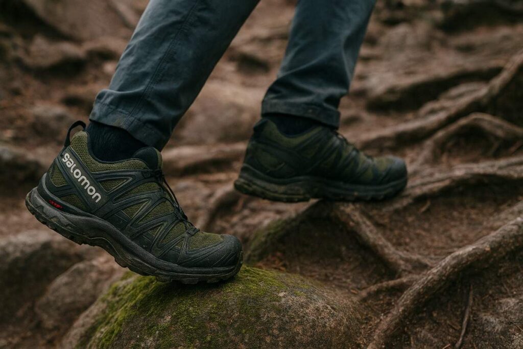Hiker waring Salomon XA Pro 3D and walking on dry roots.