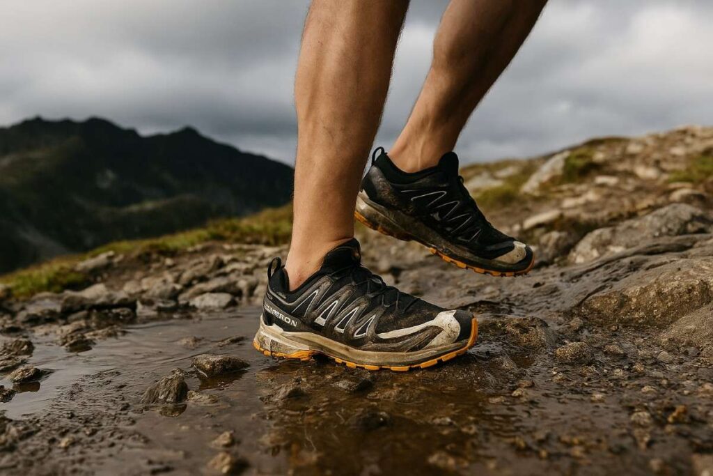 Hiker wearing Salomon XA Pro 3D v9 GTX crossing puddles on rugged mountain trail.