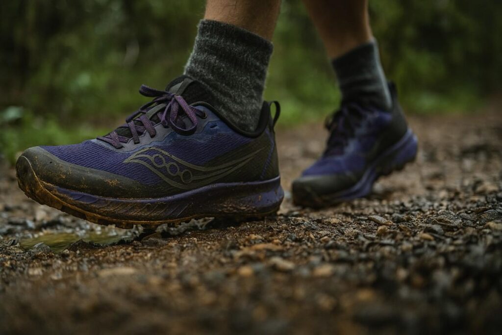 Runner testing Saucony Peregrine 15 GTX on wet forest trail with slick gravel.