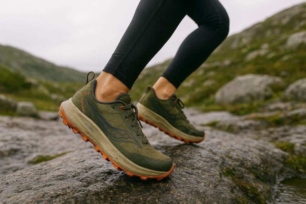 Female hiker testing Saucony Peregrine 15 GTX shoes on slick alpine granite in rainy conditions.