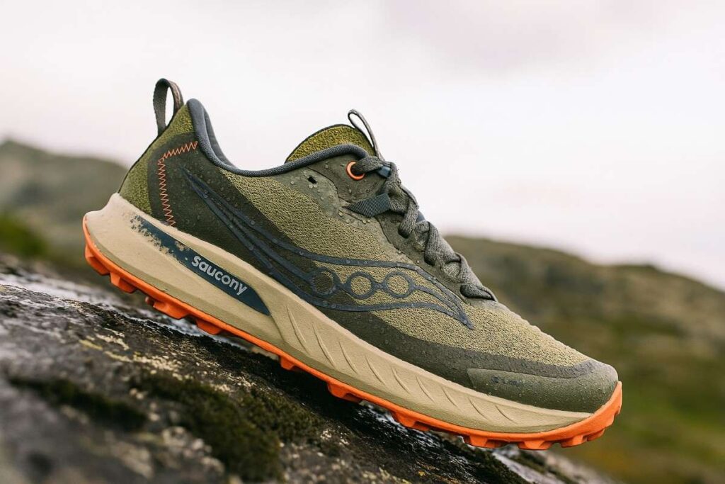 Close-up of Saucony Peregrine 15 GTX women’s waterproof trail shoes gripping wet granite rock.