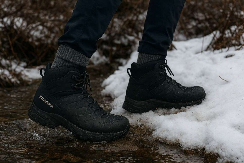 Hiker legs wearing Scarpa Moraine Polar GTX crossing a shallow creek with packed snow and wet brush.