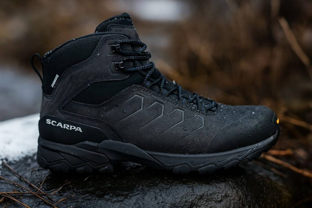 Close-up of Scarpa Moraine Polar GTX on a wet creek rock with rim snow and brush.