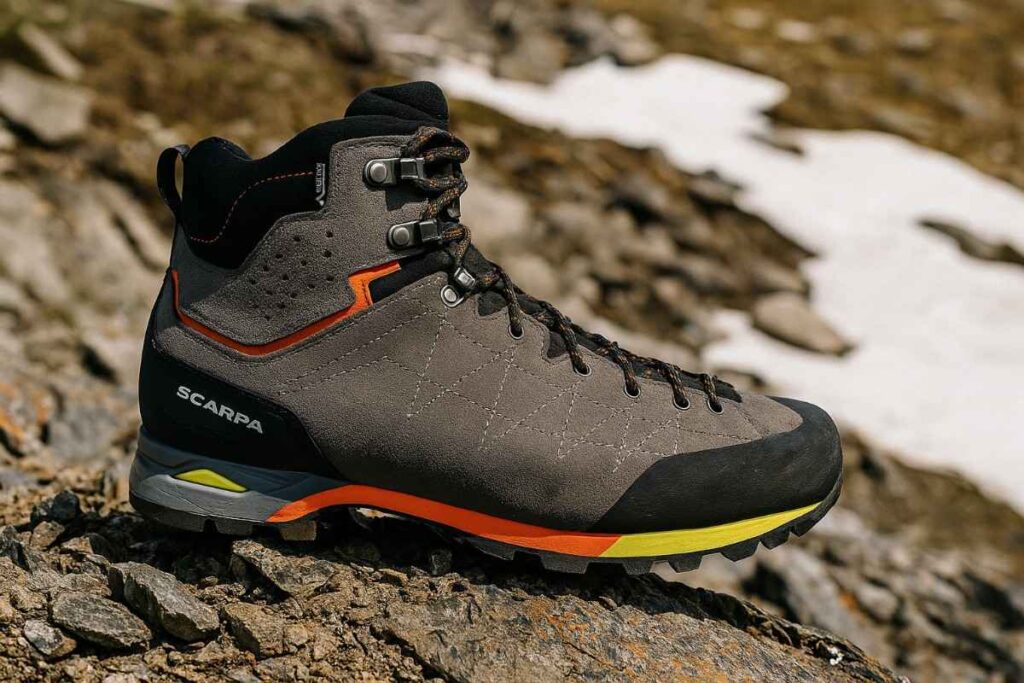 Close up of Scarpa Zodiac Plus GTX on rocky mountain surface.