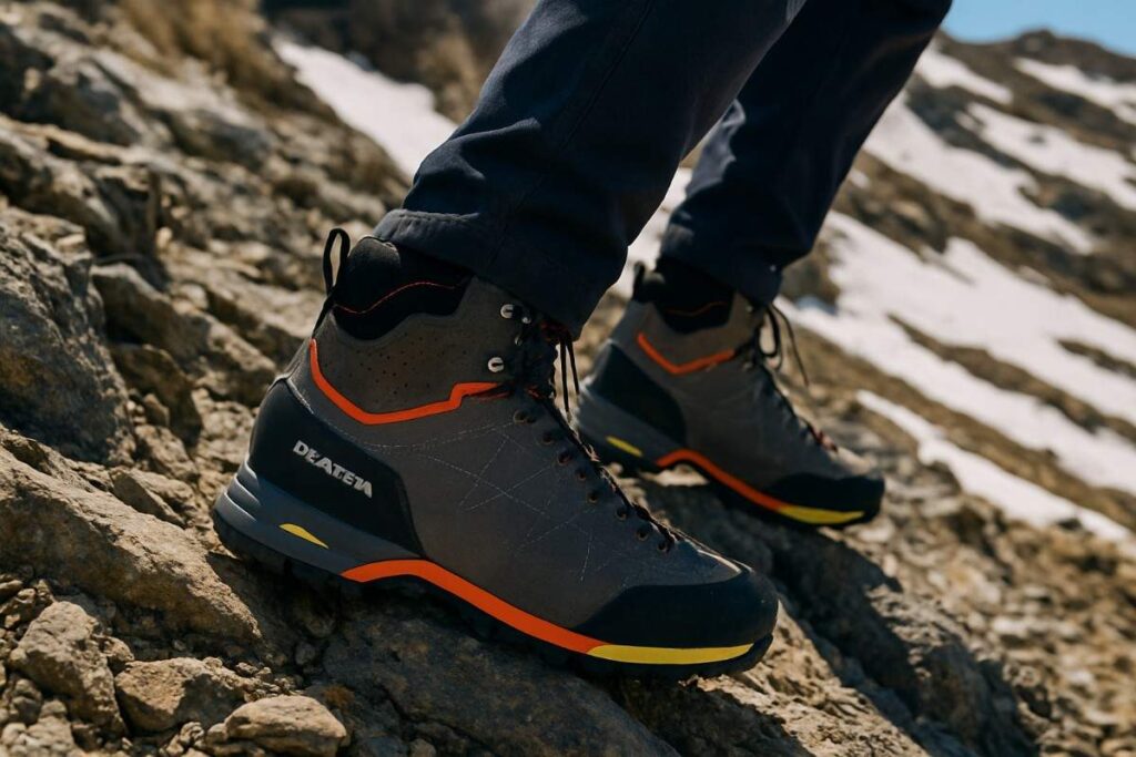 Close up of hiker's legs wearing Zodiac Plus GTX standing still on mountain surface.