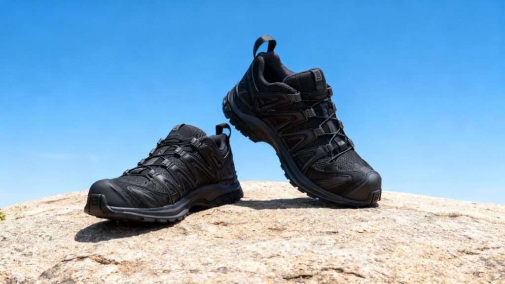 Salomon XA 3D Pro displayed on a rock.