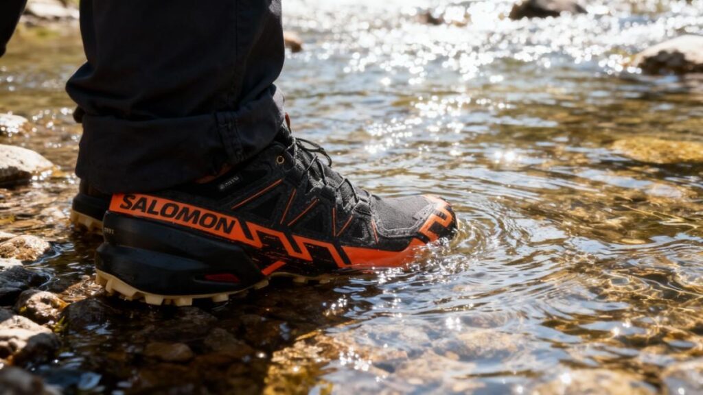 Hiker testing Salomon Speedcross 6 GTX within water stream.