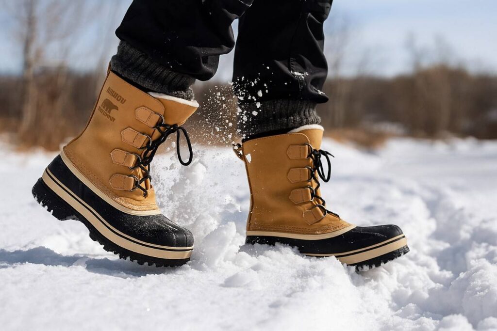 Hiker legs wearing Sorel Caribou walking through deep powder 12–20 inches at a town-to-trail edge.