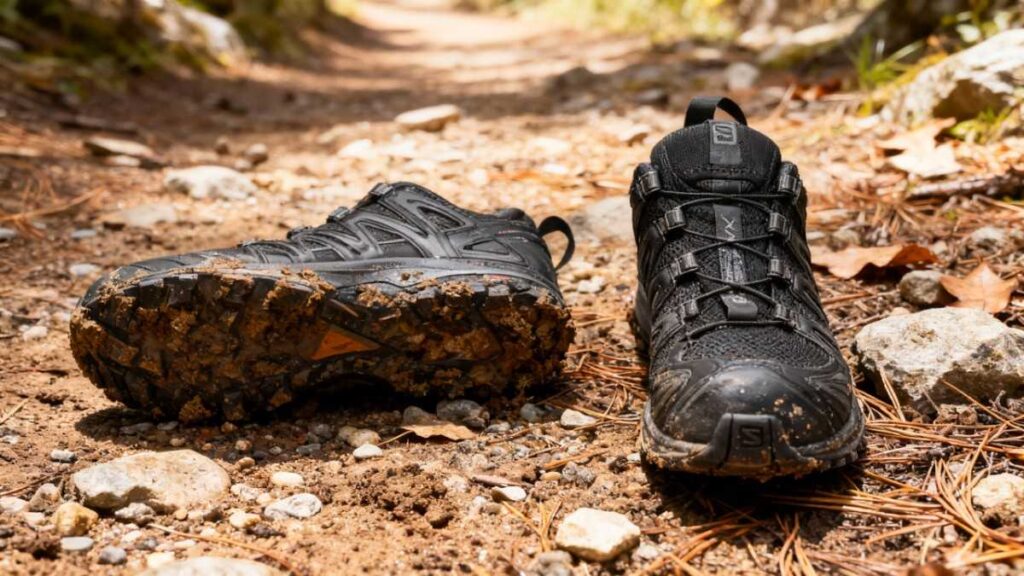 Salomon XA 3D Pro displayed on a muddy rocky terrain in rough condition.