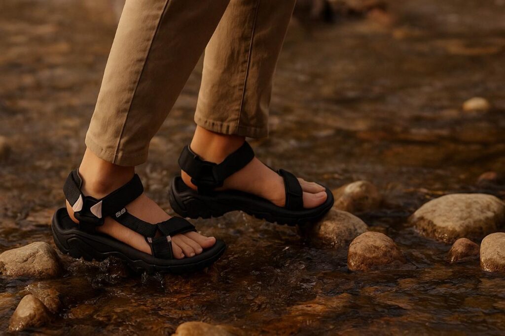 Woman crossing rocky riverbed in Teva Terra Fi 5 Universal water sandals.