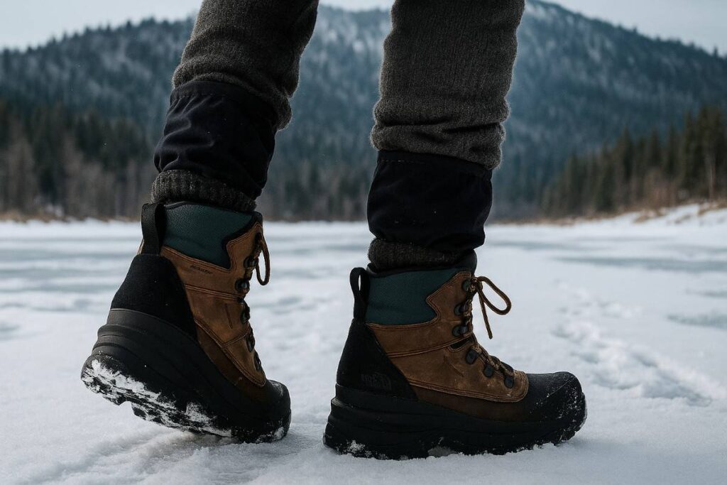 Hiker legs wearing The North Face Chilkat V 400 WP crossing frozen wetland toward forested ridgeline with consolidated snow.