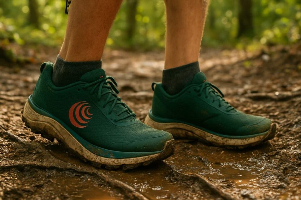 Hiker testing Topo Athletic Ultraventure 4 shoes on muddy Appalachian forest trail.