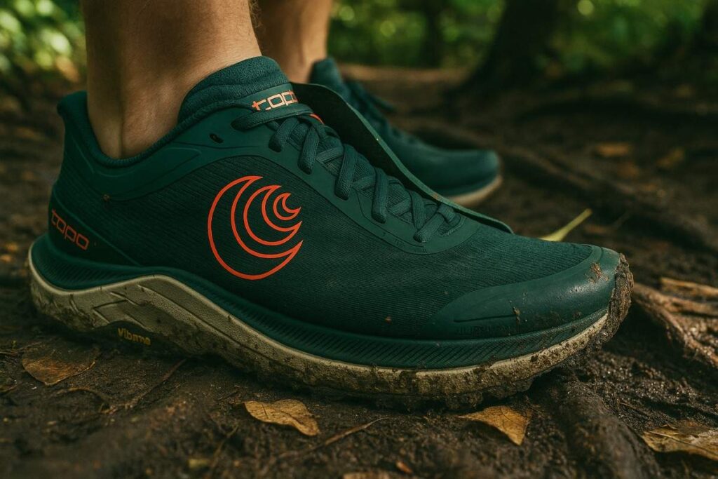 Close-up of Topo Athletic Ultraventure 4 shoes on muddy forest trail.