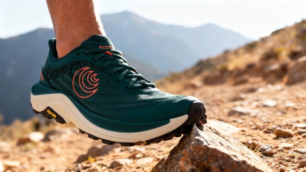 Close-up of hiker wearing Topo Ultraventure 4 hiting against a rock.