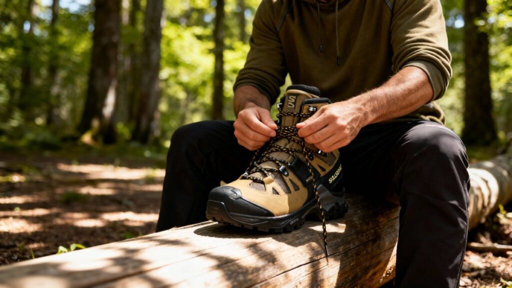 Ethan-hiker sitting on a wooden log and lacing up the Salomon Quest 4 GTX.