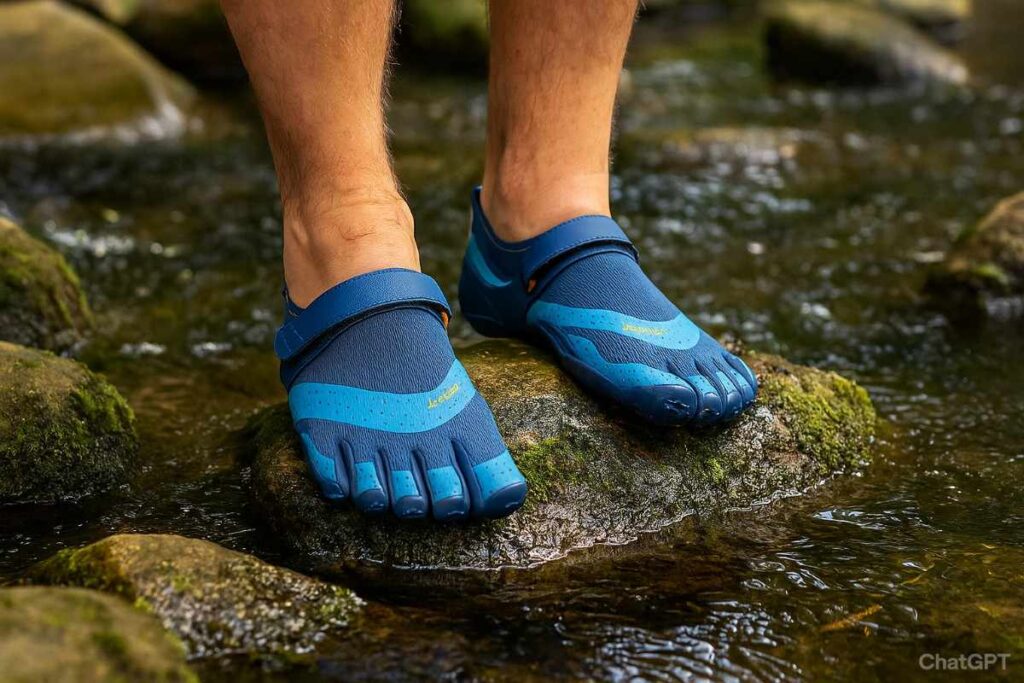 Hiker crossing mossy stones in Vibram FiveFingers V-Aqua water shoes.