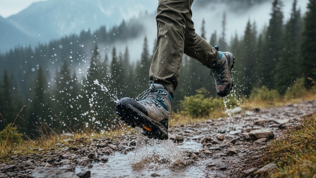 Female Hiker passing through rocky trail with water splashes.