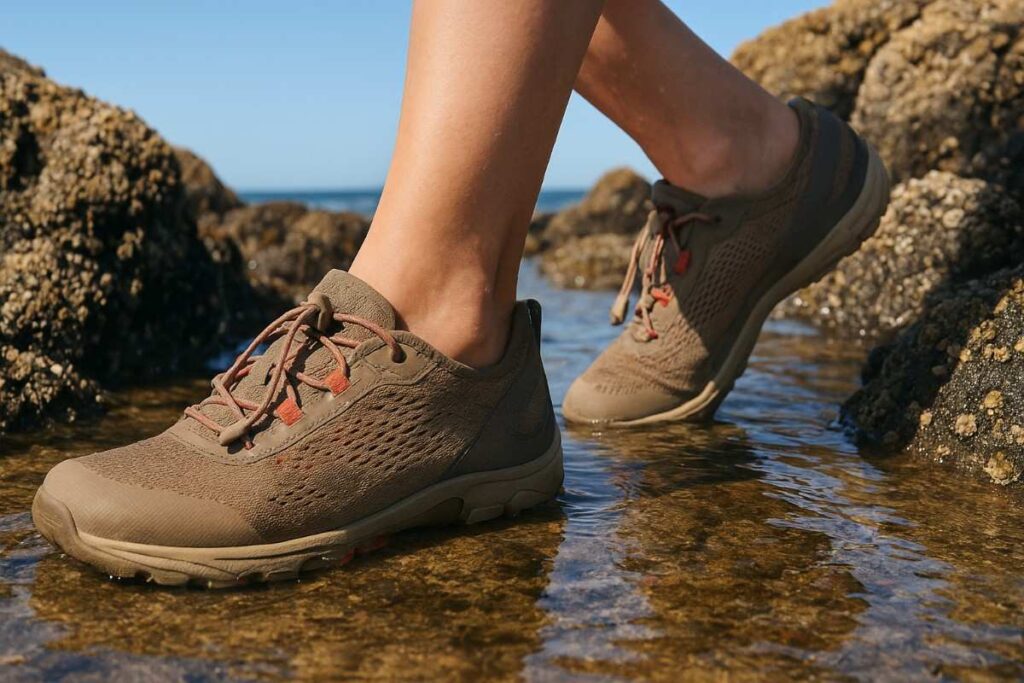 Woman testing Xero Shoes Aqua X Sport in tidal pool with barnacle rocks.