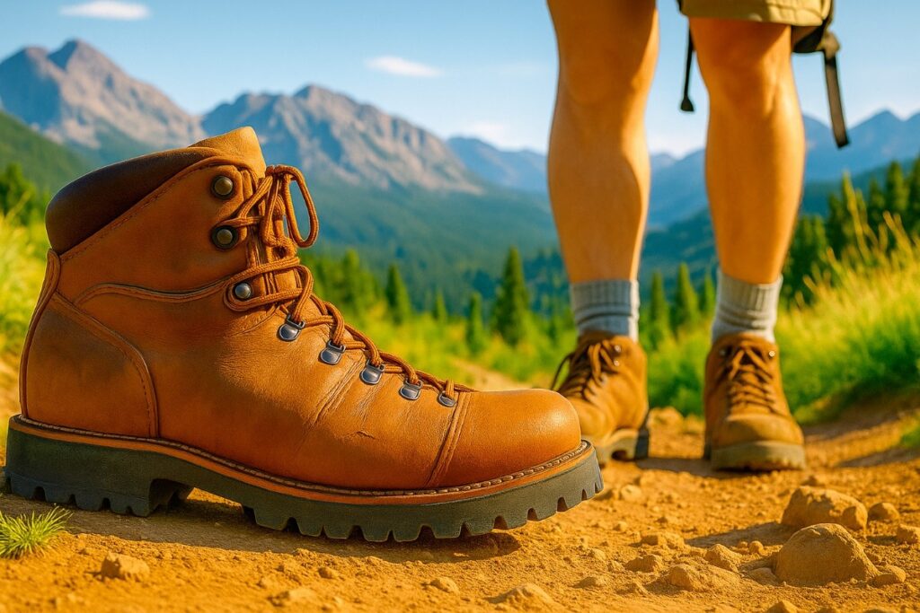 Hiker showing narrow-last boots on a Colorado sandstone trail at golden hour.