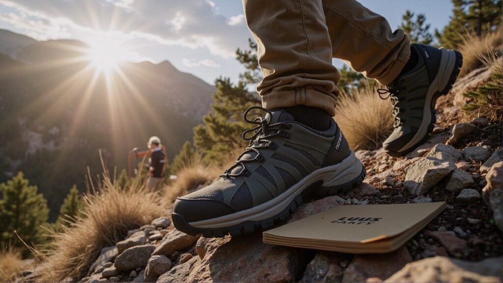 Cinematic close-up of wide-toe hiking shoes with removable insole and caliper on a sunlit Colorado switchback, legs of testers visible but faces out of frame.