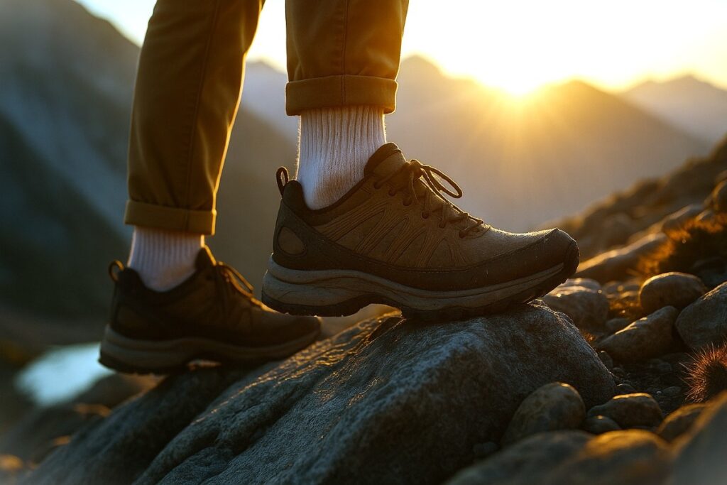 Hiker standing on top of mountain in golden hour with Dawning sun in background.