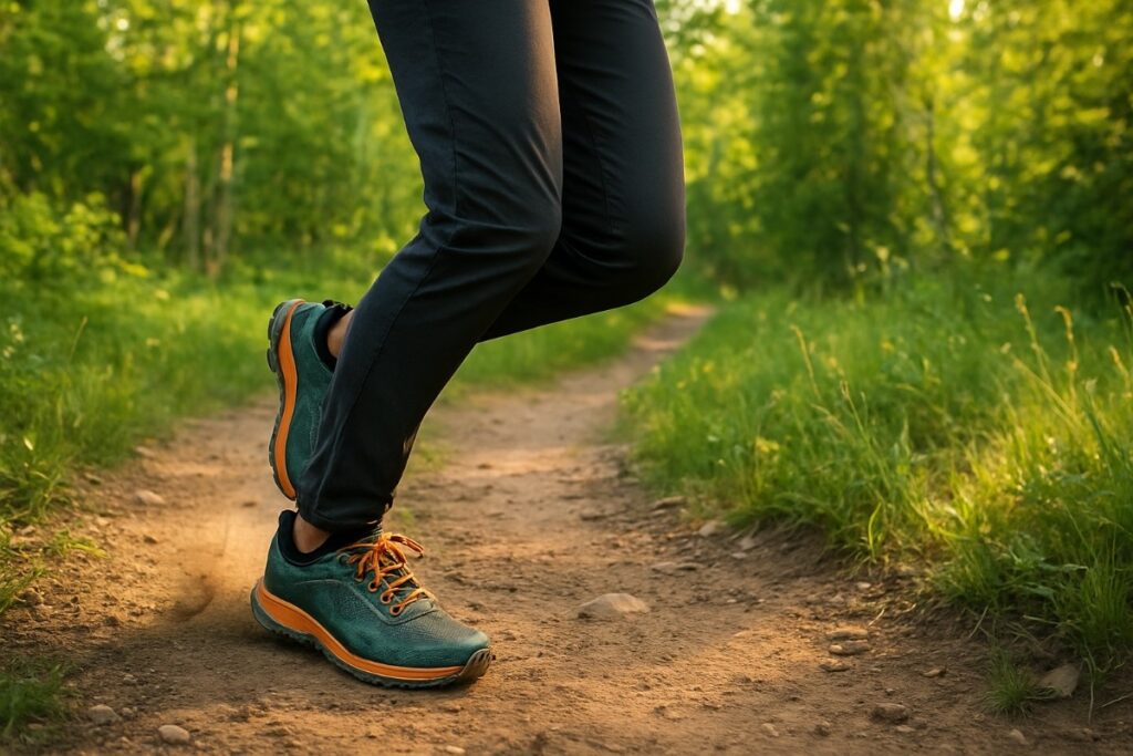 Female hiker wearing trail running shoes and running on a trail.