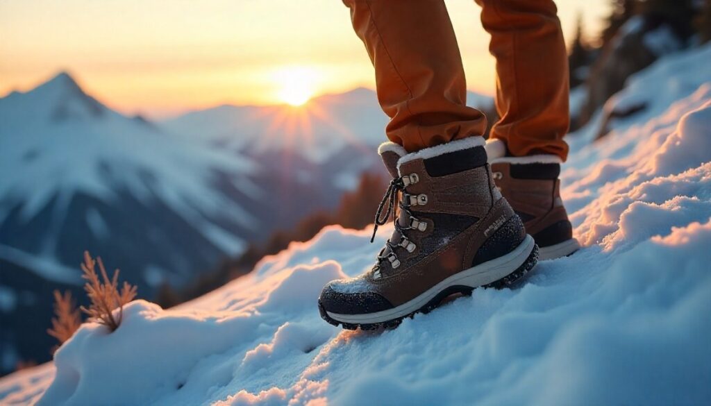 Close up of hiker wearing winter hiking boot and standing on mountain snow in dawn time.