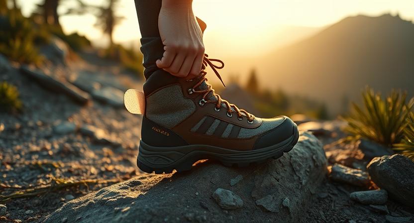 Close-up of hiker lacing up his hiking boots for bunions