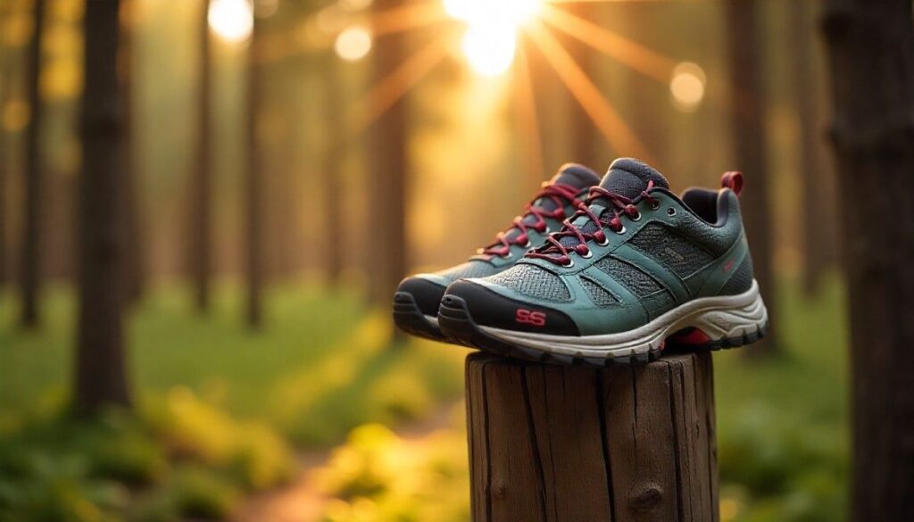 Pair of hiking shoes for bunions displayed on a standing wooden log with soft golden hour light in background.