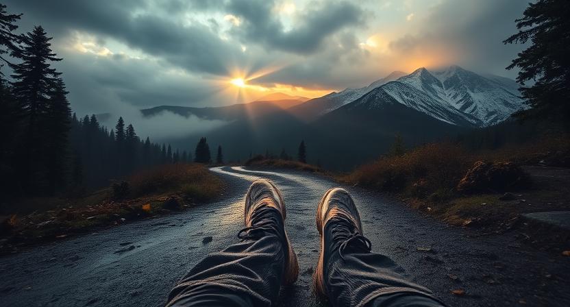 Hiker resting on a hiking track while expanding his legs in dawn time.