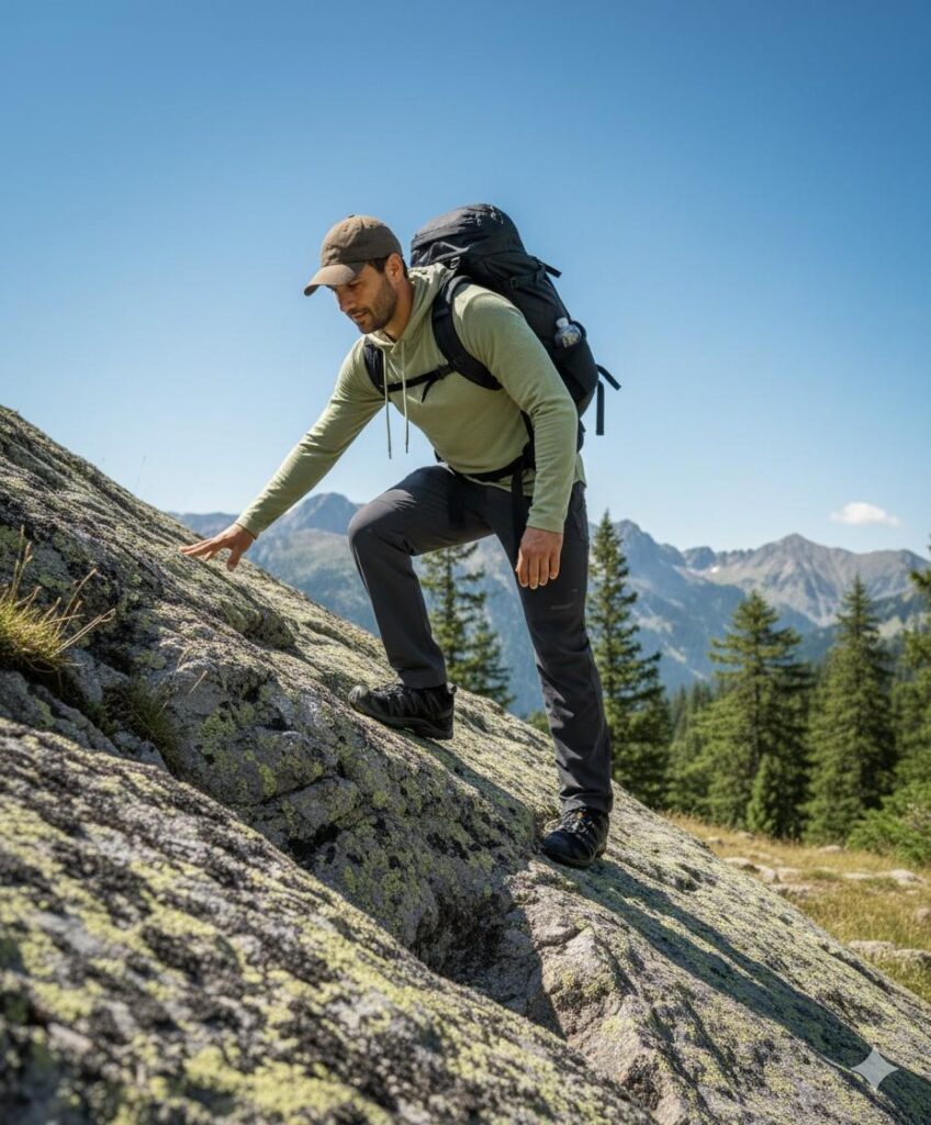 Ethan (hiker) trekking uphill on mountain while wearing Salomon XA Pro 3D.