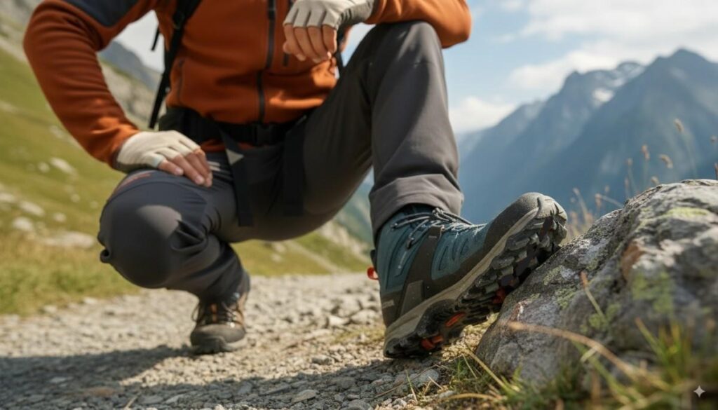 Hiker crouching his hiking boot- Salomon X Ultra 4 Mid GTX.