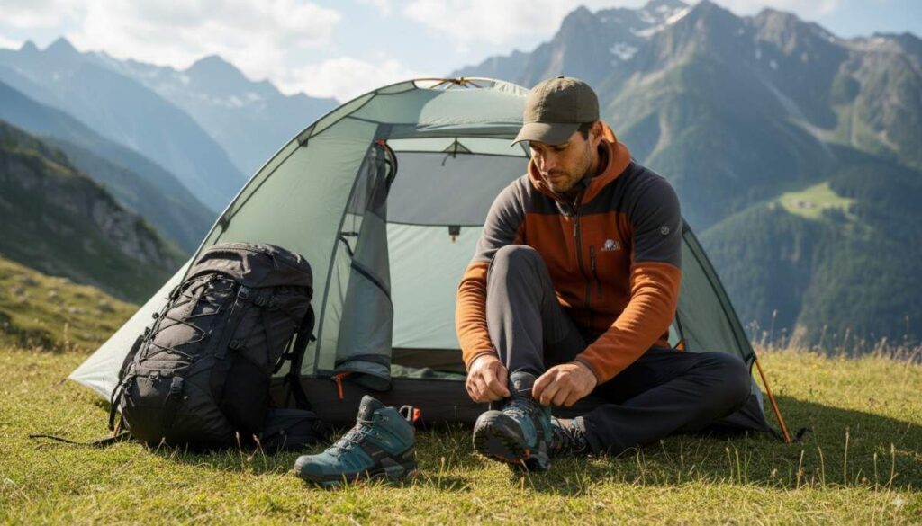 Hiker lacing up his Salomon X Ultra 4 Mid GTX.