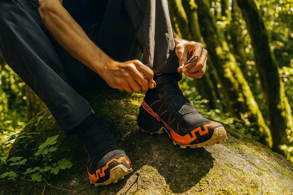 Hiker lacing up his shoes while stiting on a rock.